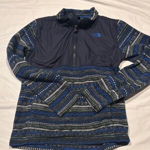 The North Face Blue and Gray Performance Jacket with Geometric Sleeves